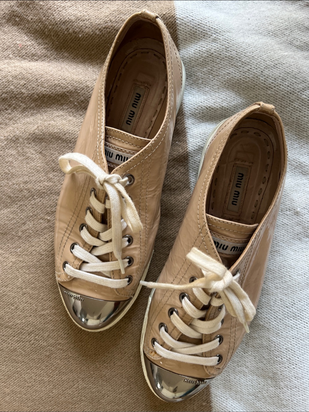 Miu Miu Patent Leather Beige Sneakers with Silver Cap Toe